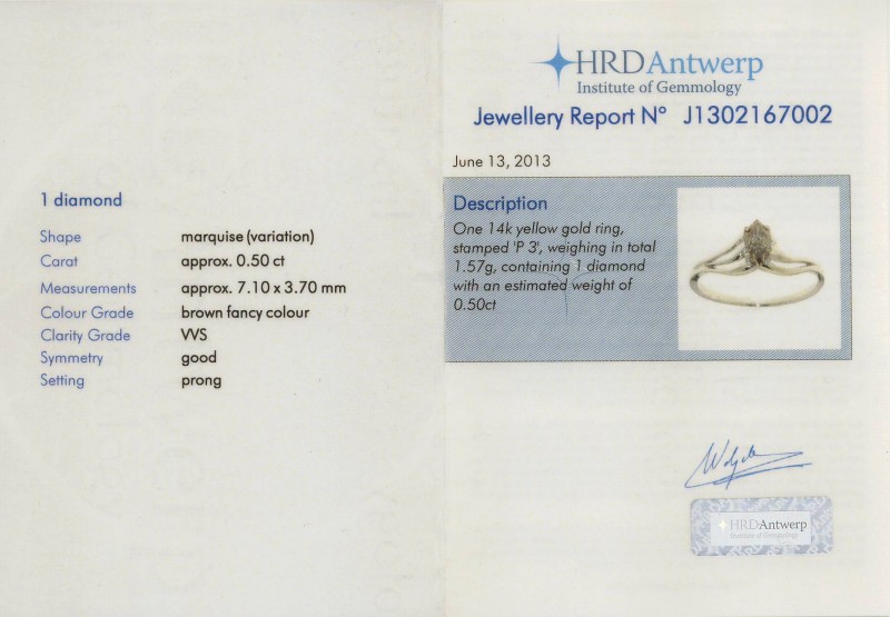Pierścionek z 0.50ct Diamentem / Fancy Brown - Certyfikat Wysokiej Rady Diamentów w Antwerpii